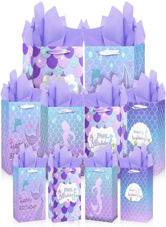 KEEPARTY 10PCS Assorted Sizes Mermaid Happy Birthday Gift Bag Set with Handles and Tissue Papers for Boys and Girls Birthday Party Baby Shower Newborn with 4 Design Styles 4 Small 4 Medium and 2 Large Gift Bags - Image 1